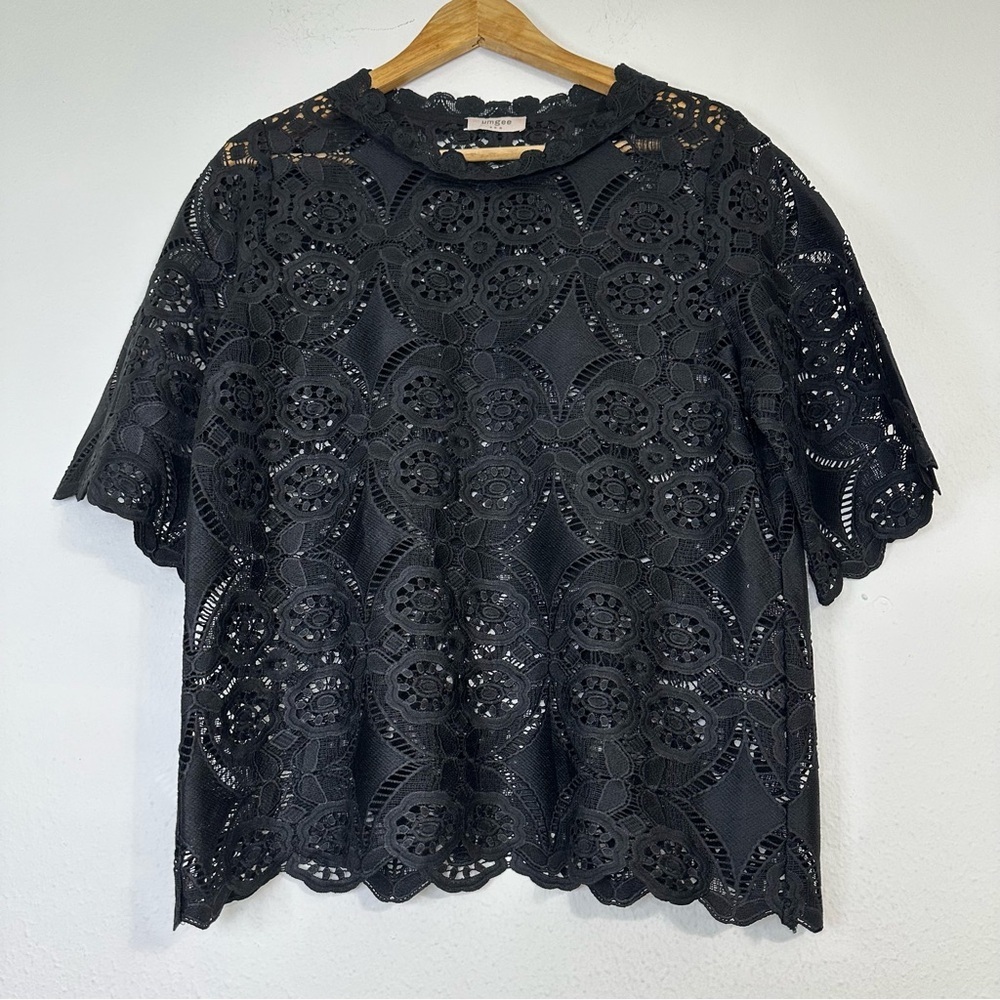 UMGEE Crochet Top Boho Hippie Black Size S-M Blouse Sheer Floral